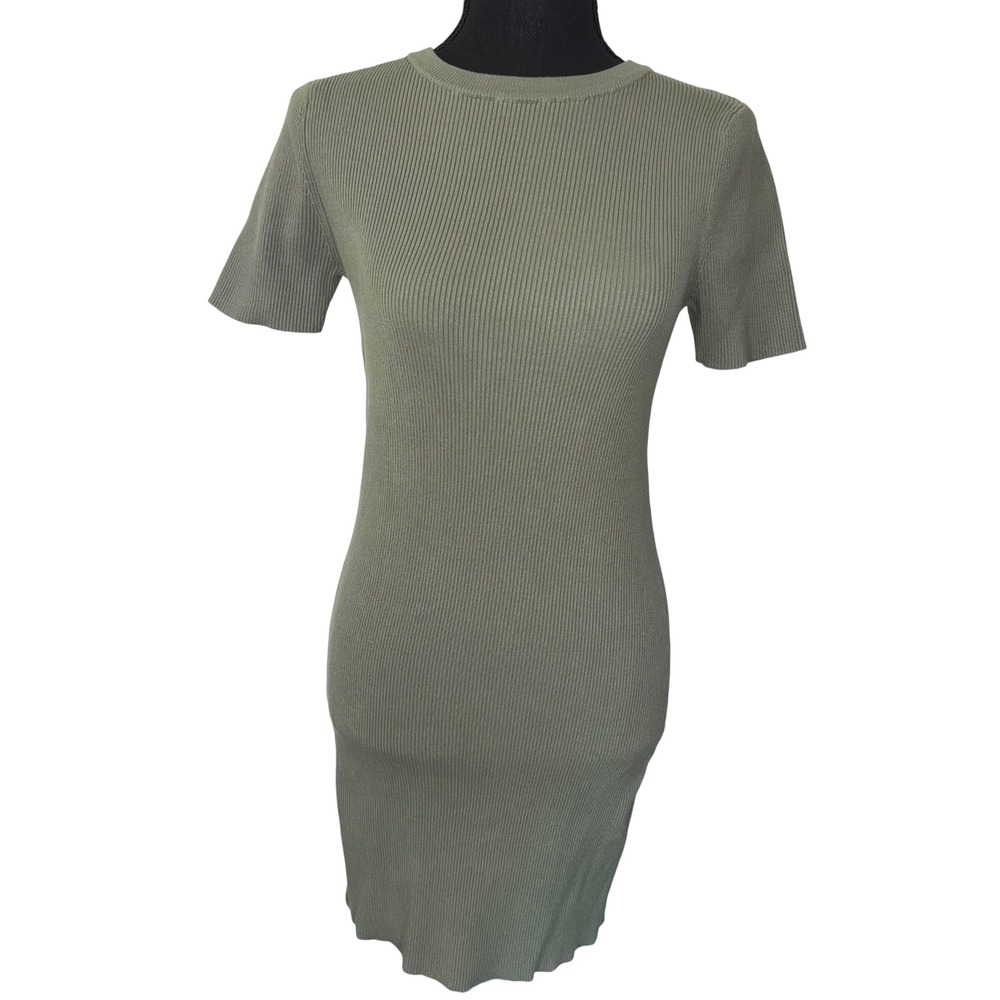 NWT Zara Womens Medium Sage Green Ribbed Knit Bodycon Dress Minimalist Gorpcore